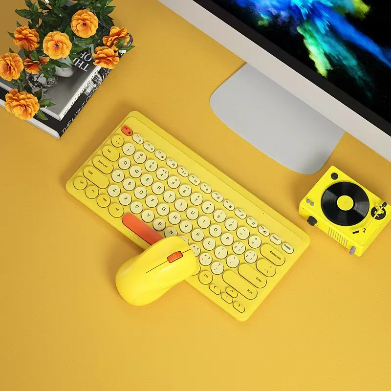 2.4GHz Wireless Round Keycap Keyboard and Mouse Set, Colorful Gaming Keypad with Multimedia Function Keys