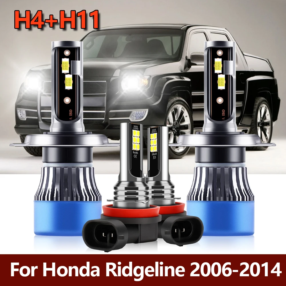 4x LED CSP Bulbs For Honda Ridgeline 2006-2009 2010 2011 2012 2013 2014 Super Bright 15000LM 110W Headlight H4+Fog H11 Lamps 12V