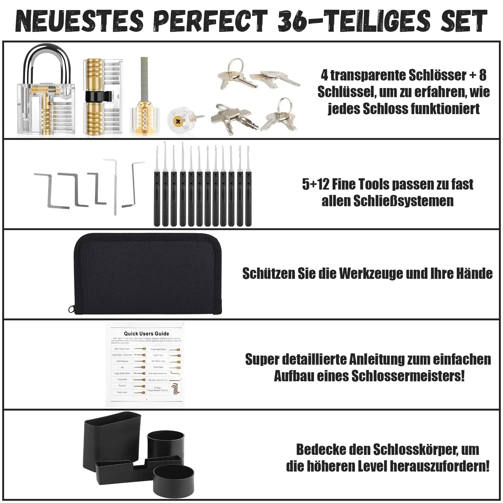 36 Pcs Lock Pick Kit - 4 Transparent Locks, Lock Picking Kit Training Tools, Silicone Handle, for Beginner and Locksmiths