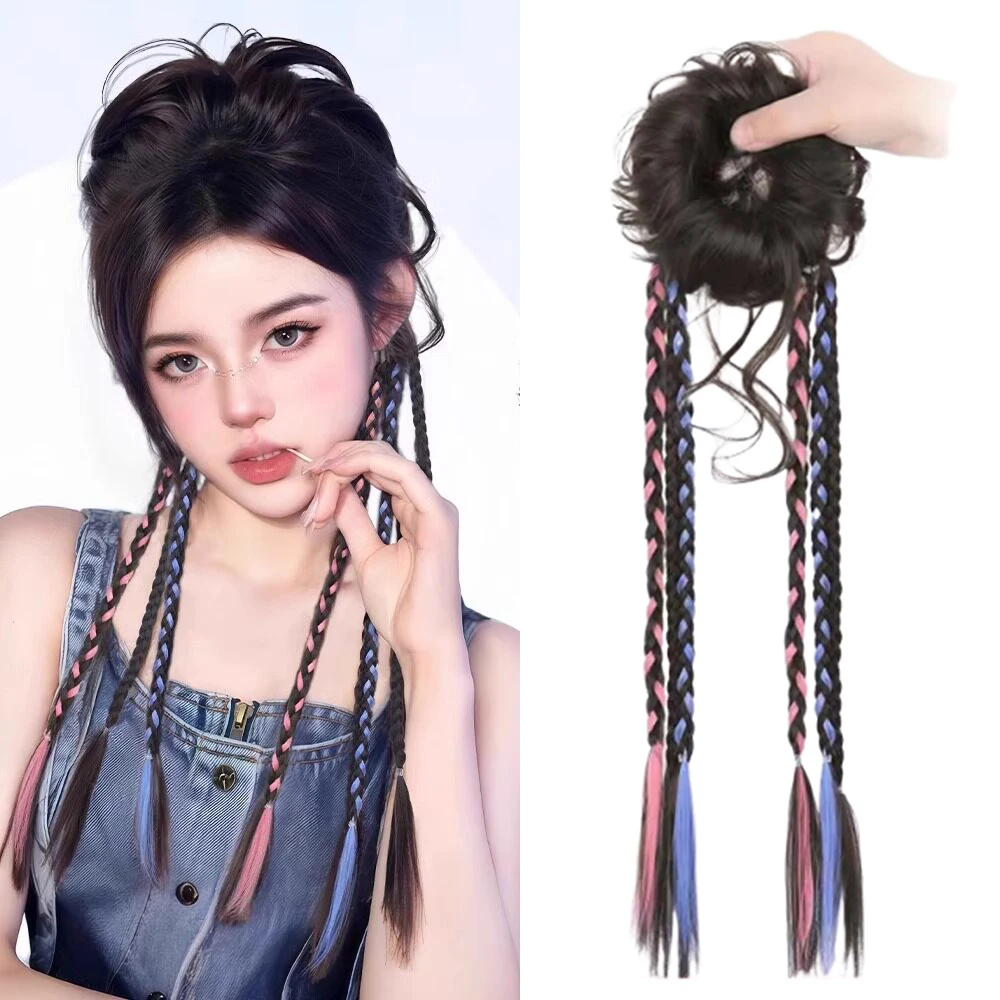 High Synthetic Braided Poytail Chignon Hair Fluffy Long Braid Twist Tail Flower Bud Head Traditional Chinese Style Bun Hairpiece