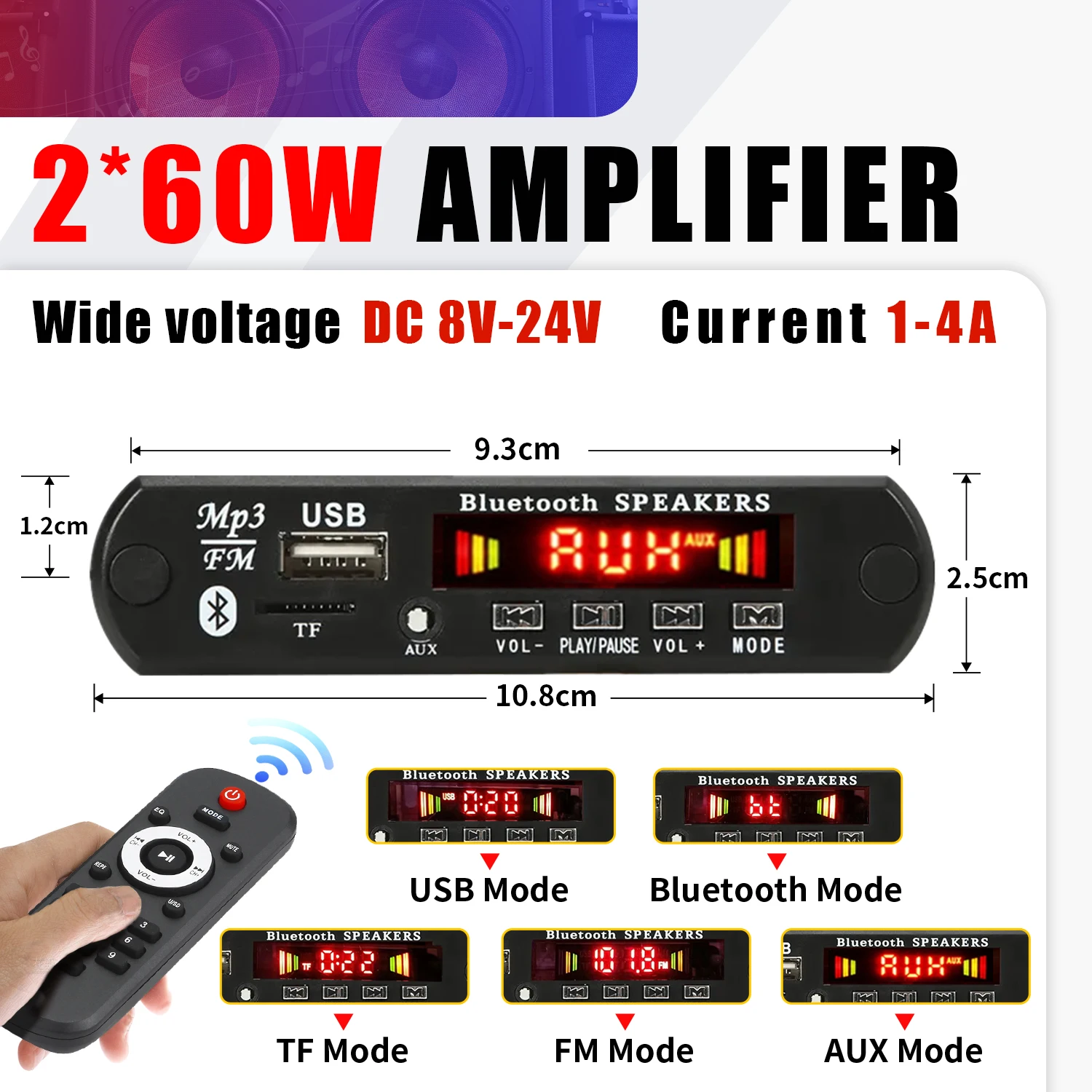 DC 7V-24V 2*60W Amplificador MP3 Decodificador 120W MP3 Player Bluetooth V5.0 Módulo USB FM AUX Gravação de Rádio Para Alto-falante