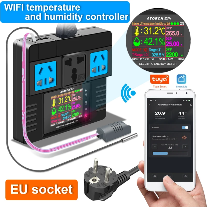 Imagem -02 - Atorch s3 Wifi ue Soquete Controlador de Temperatura e Umidade para Casa Desumidificação Refrigeração Aquecimento para App