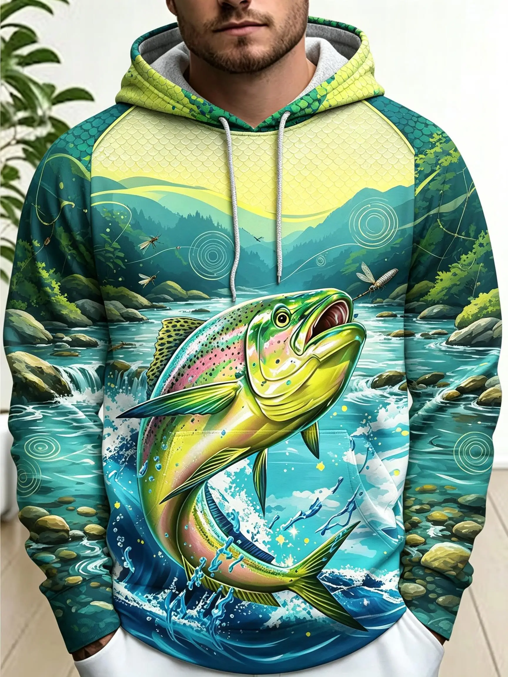 2026 Men Thin Sweatshirt Autumn Winter Hoodie Big Tuna Fish Ocean Splash Hook Print Long Sleeve Male Pullover Tops Men's Clothes