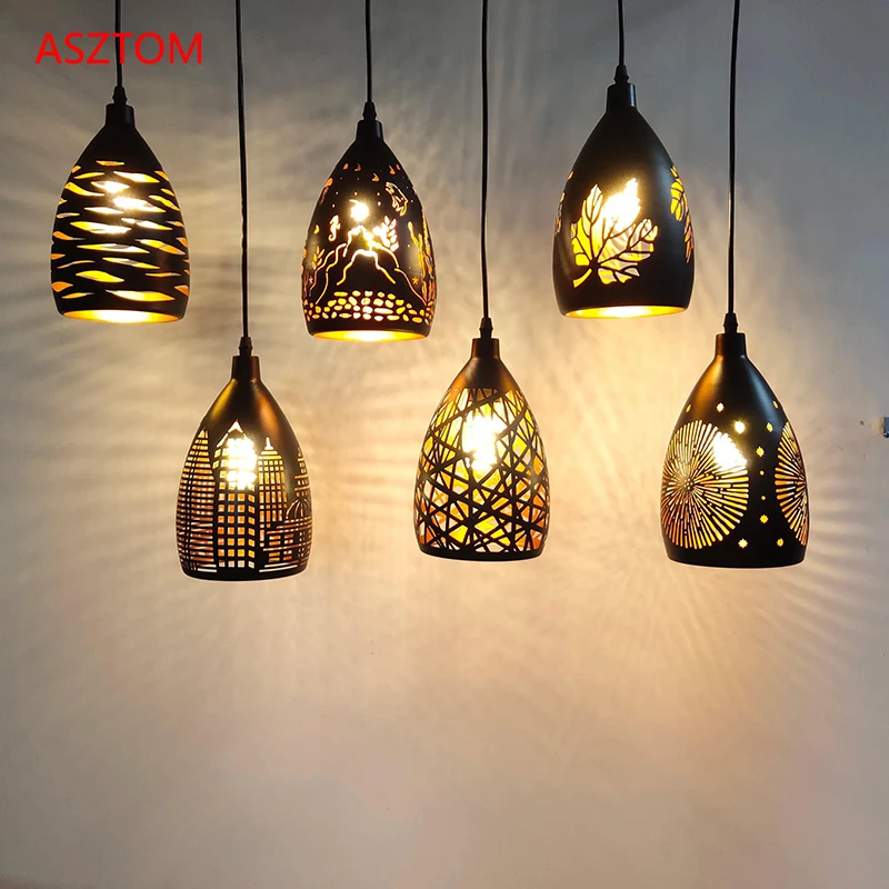 

Black Gold Iron hollow Pendant Lights Nordic E27 Luminaires Coffee Bar Dining Kitchen Island decor Hanging Lamp