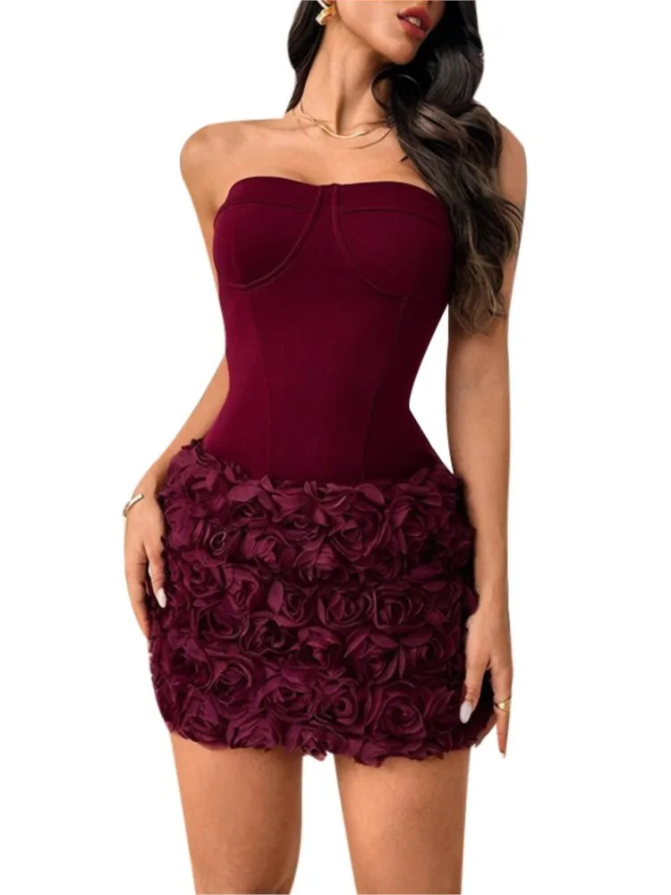 أكمام الكشكشة المرقعة ثلاثية الأبعاد زهرة Bodycon فستان قصير المرأة الصلبة مثير الزي فساتين الحفلات لخريف شتاء