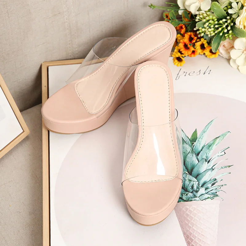 TSTCTB Transparrnt Wedges Slides Women High Heel Slipper Sandals Casual Out Door Peep Toe Comfortable Pumps Shoes Female