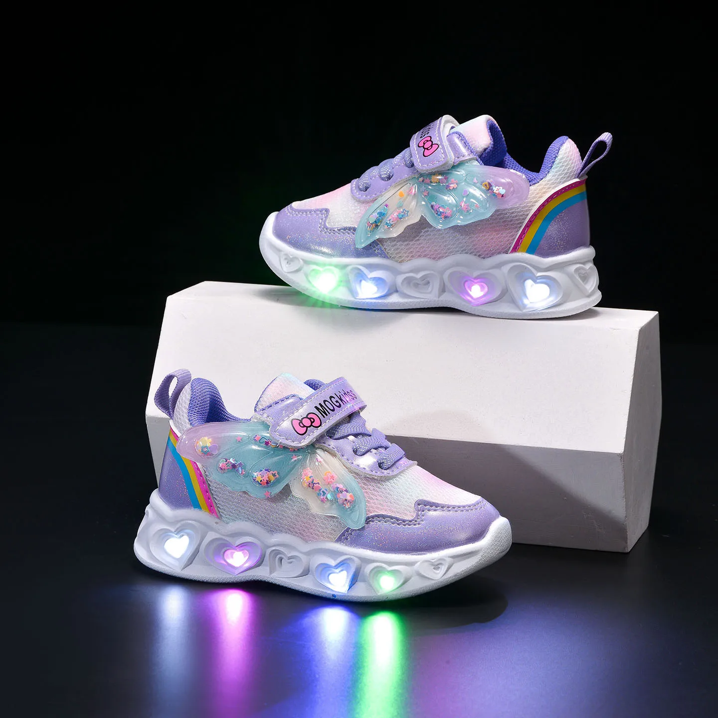 2026 New Kids Casual Shoes Girls Led Light Cartoon PU Leather Fashion Sport Flat Bottom Shoes Breathable Purple Pink Size 21-30