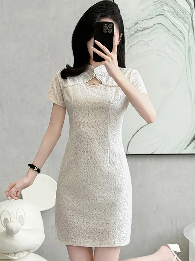 2025 ホワイトレースジャカードシックなビーズ中空アウトショートドレス女性エレガントな高級パーティードレス夏の韓国ボディコンナイトドレス