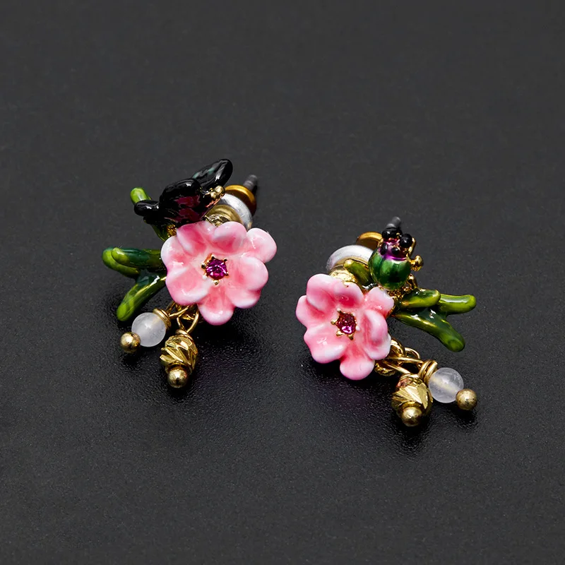 Compact Stylish Enamel Colored Pink Flower Butterfly Ladybug Stone Asymmetrical Earrings 925 Silver Needle Ear Clip for Women