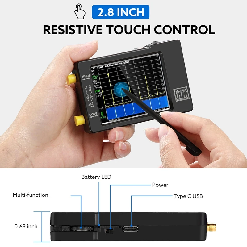 2.8Inch Touch Screen Tinysa Spectrum Analyzer For 0.1MHZ-350MHZ And UHF Input For 240MHZ-960MHZ Frequency Analyzer Black Tiny SA