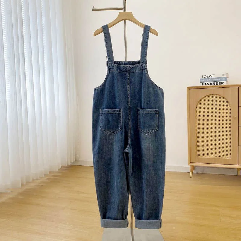 Denim Jumpsuits for Women Korean Style Rompers Casual Vintage Playsuits Straight Pants Loose Overalls One Piece Outfit Women