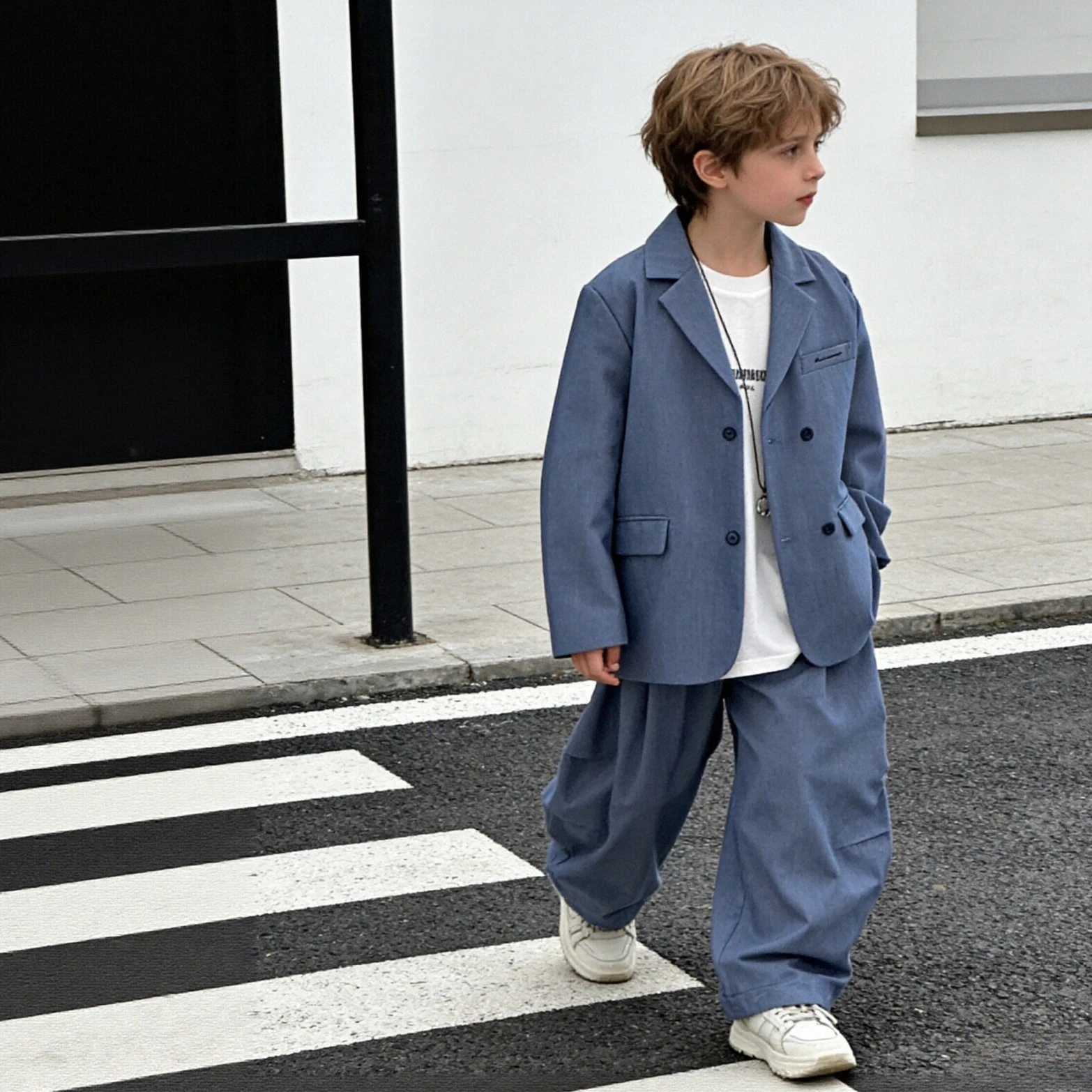 Boys Embroidered Double Breasted Blazer Suit Set School Teen Kids Blazer Wide Leg Pants 2pcs Fashion Streetwear Outfit for 4-15Y