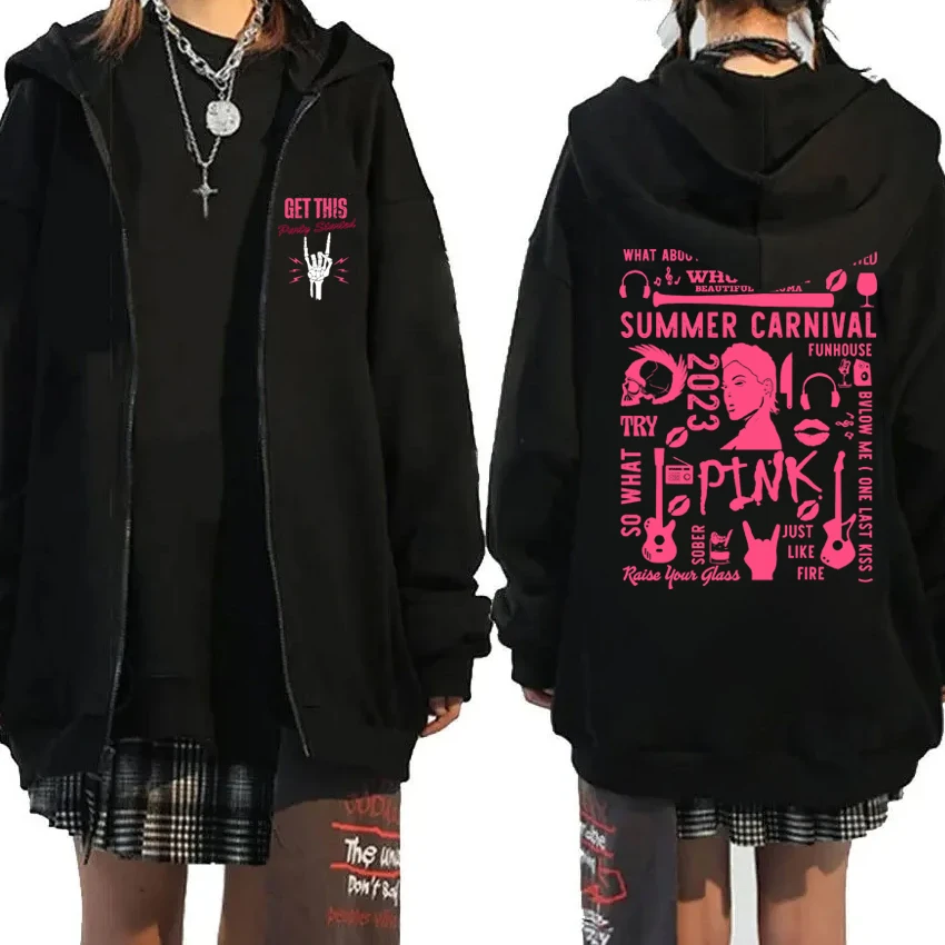 Aesthetics P!nk Pink Singer Summer Carnival Tour Hoodie Jacket Unisex Fashion Y2k Zipper Sweatshirt Men Women Fleece pullovers