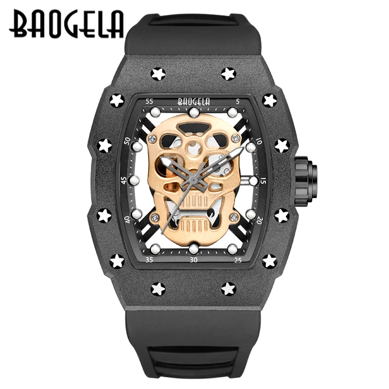 BAOGELA Skull Tonneau Watch Top Brand Quartz Stainless Steel Watches Waterproof Creative Clock Silicone Strap Wrist Watch Rose