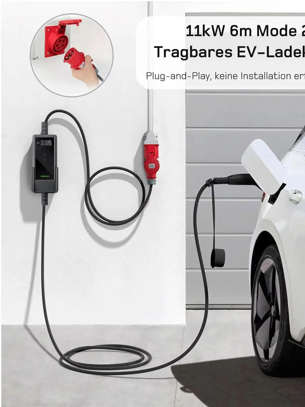 dé Mobile Wallbox 11kW Typ 2 APP 16A 3-Phasen 5,5m 7m 10m 15m 20m 25m Ladekabel Elektrofahrzeug-Ladegerät CEE-Stecker auf Typ 2 mit Einstellbarem Strom EV-Ladegerät RCD Typ A 30mA (AC) + 6mA (DC)