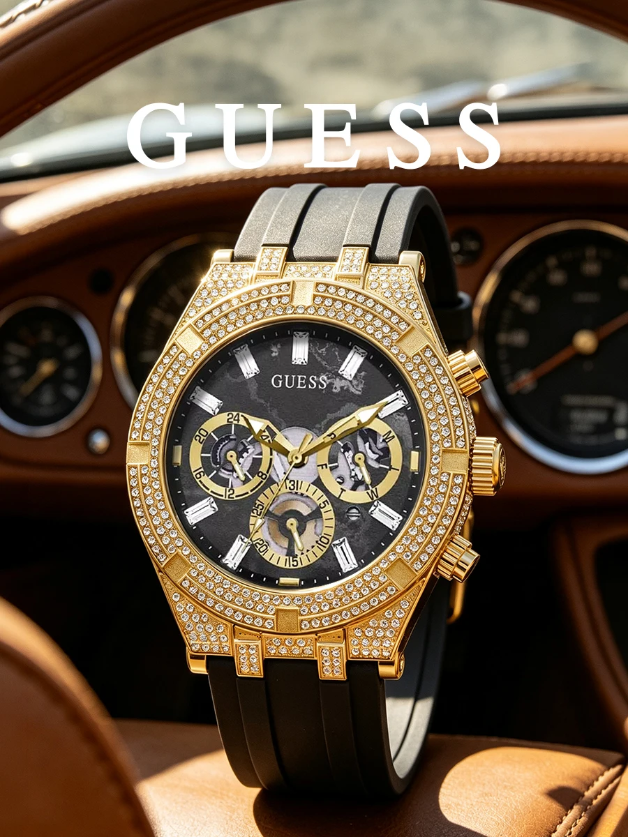 Reloj para hombre GUESS GW0418G2, con esfera redonda, caja dorada y correa de caucho negra, reloj de cuarzo, ideal para festivales de música, reuniones o como regalo de cumpleaños.