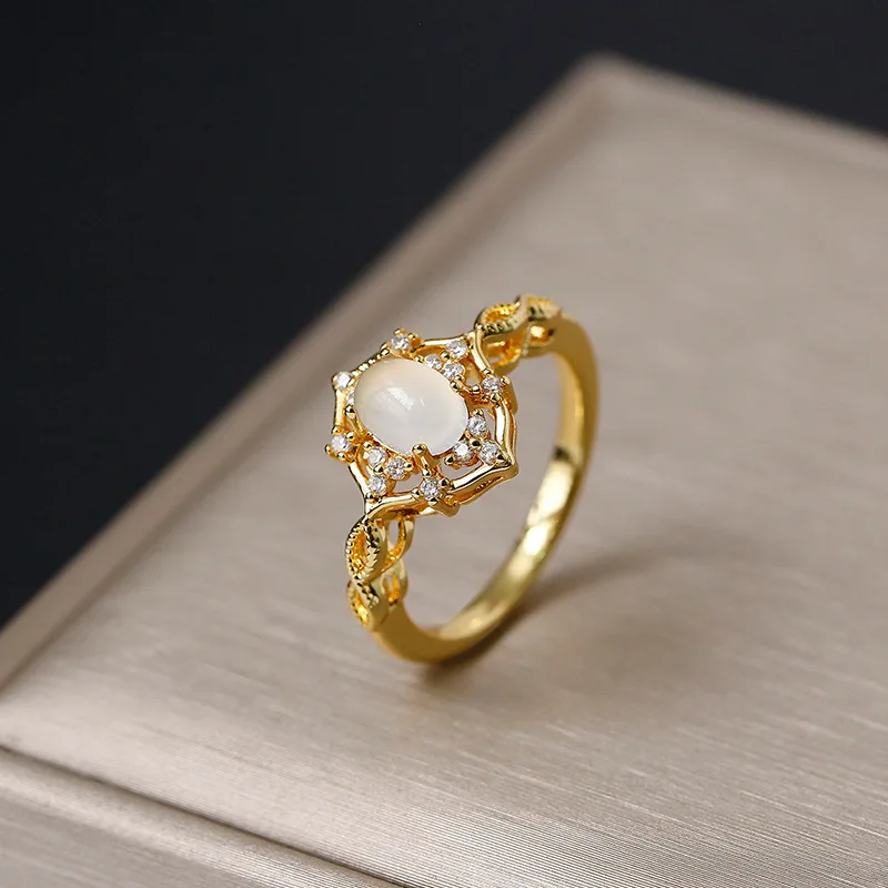 

Fashion Classic Romantic Moonstone rings for women Sweet Weaving Hollow out Diamond inlay Ring Adjustable Banquet Jewelry Gift