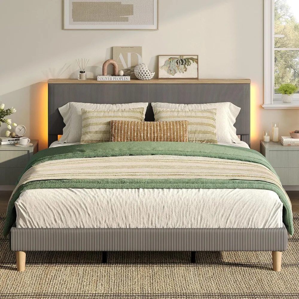 

Bestier Queen Corduroy Upholstered Bed Frame with Vertical Channel&Adjustable Headboard, LED Platform Bed with Storage Shelf, So