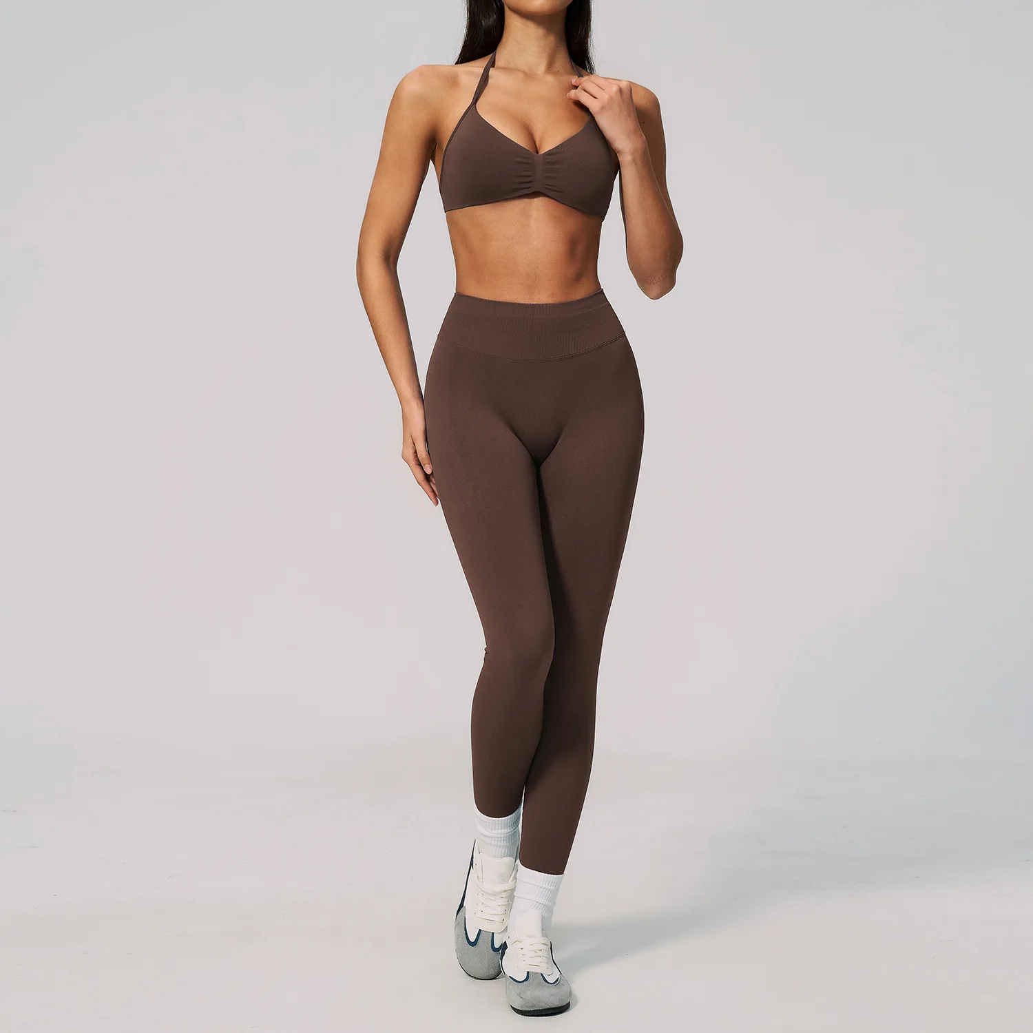 Seamless Ribbed 2 Piece Yoga Set Women Halter Bra Scrunch Butt Pants Shorts Fitness Pilates Gym Athletic Wear Workout Training