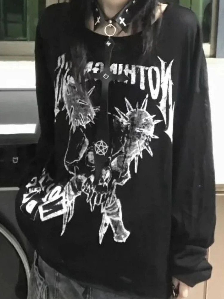 

Vintage Y2k Darkly Long Sleeve T-Shirt Women Japanese Punk Goth Print Harajuku Grunge Tops Aesthetic Hot Chick Casual Outfits