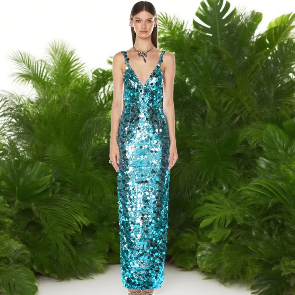 

Glitter Sequins Women Prom Dress Luxury Light Blue Sexy Stripe Sleeveless Long Party Gown Formal Birthday Red Carpet Robe