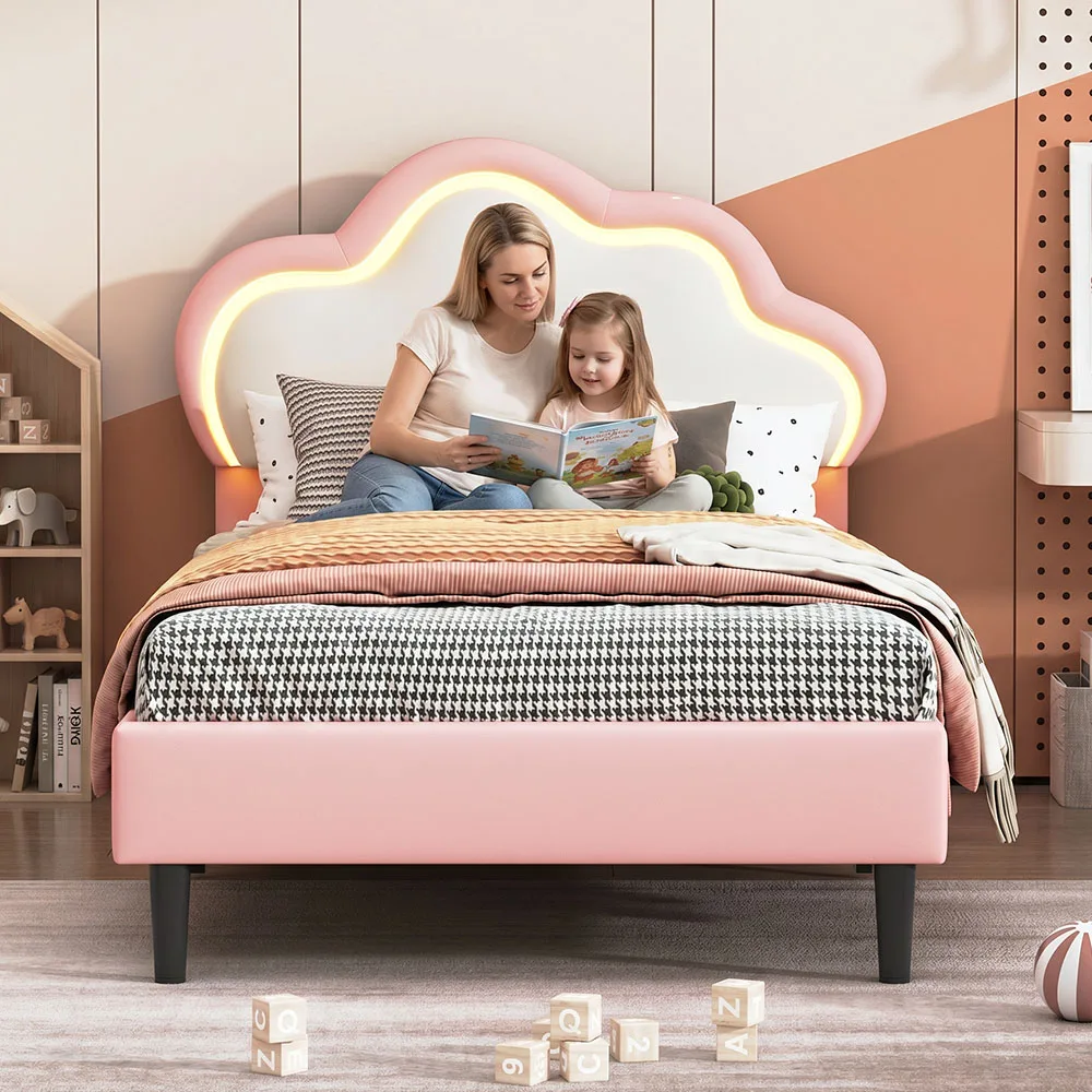 Lit enfant Superaly 90x200cm avec tête de lit en forme de nuage mignon, cadre de lit simple pour enfant avec support à lattes, lits pour filles en cuir PU, tête de lit réglable en hauteur, montage facile