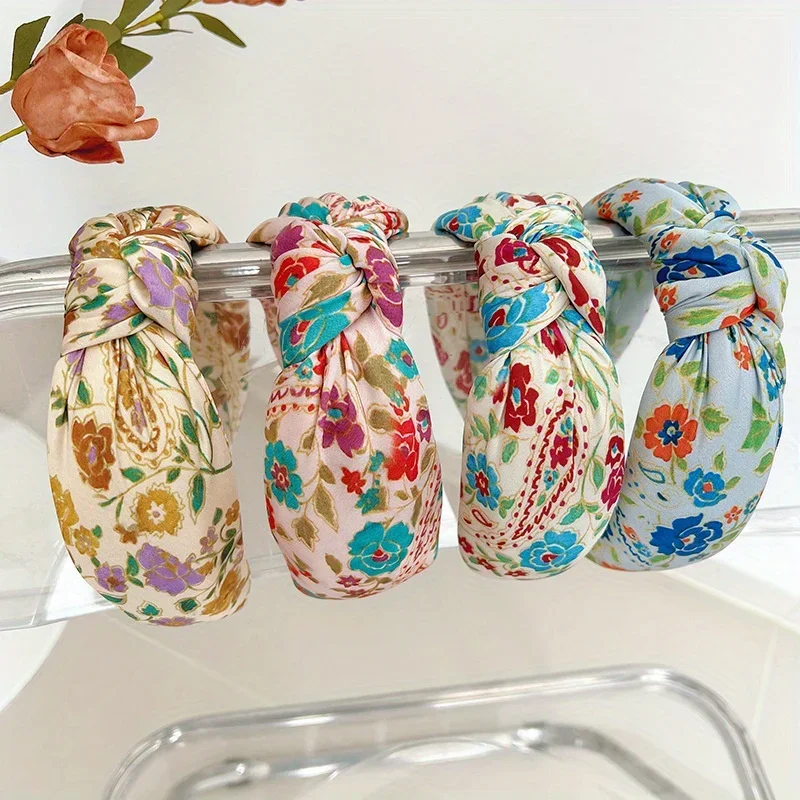 

Floral Knot Sponge Satin Hairband Wide Fabric HeadBands Fashion Hair Hoop Women Girls Non Slip Makeup Wash Face Hair Accessories