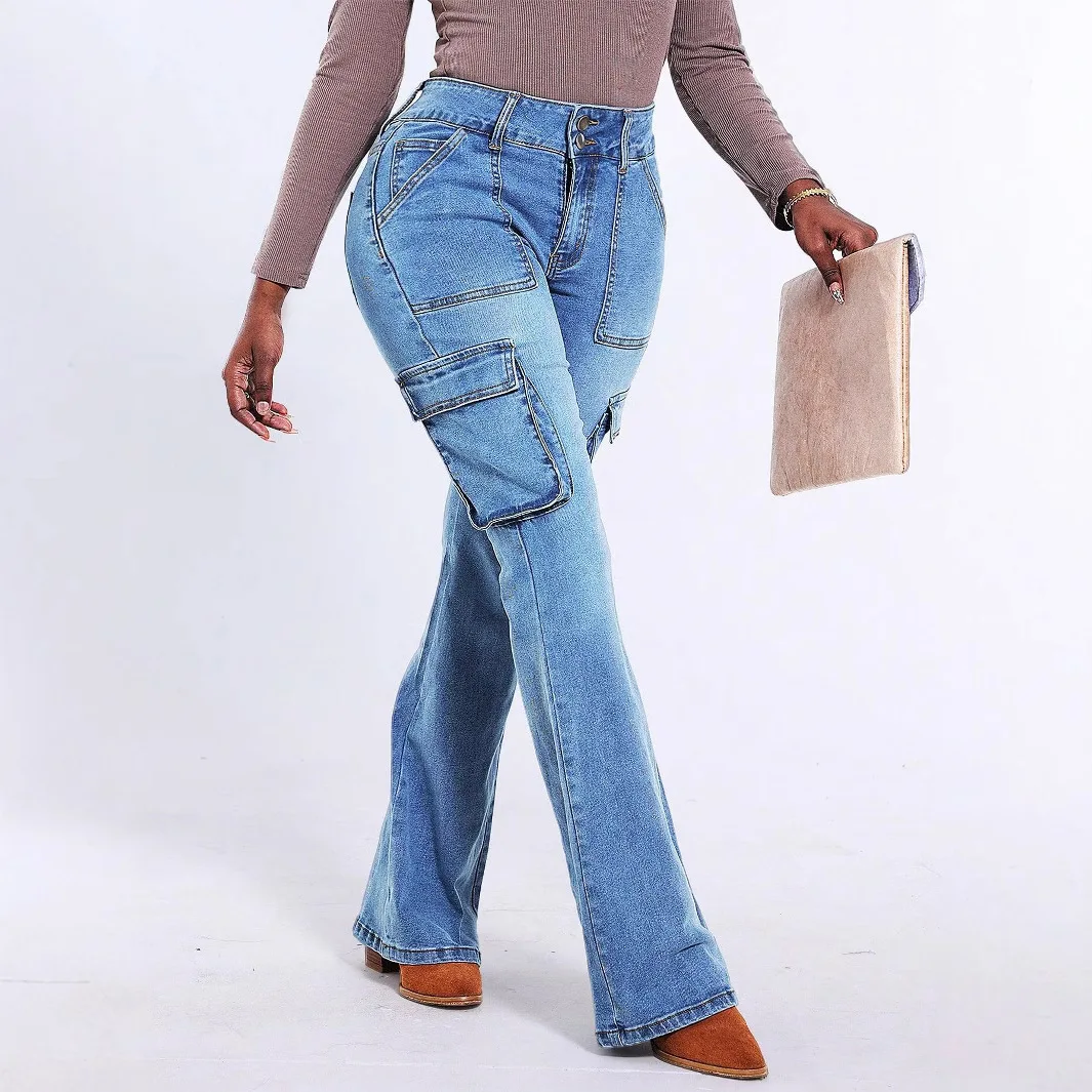 Europa Amerika Nieuwe gewassen jeans met meerdere zakken. Vier seizoenen nieuwe modieuze casual micro-uitlopende werkkledingjeans voor dames