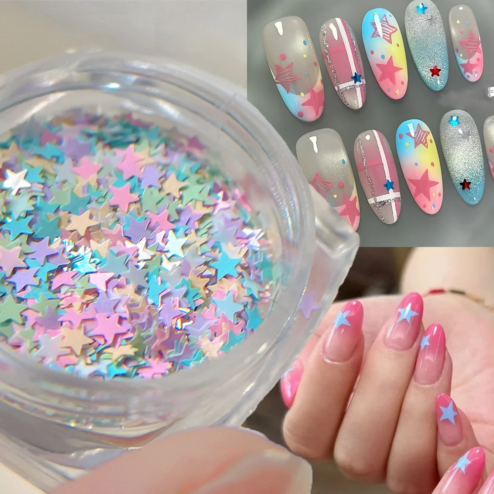 1 pot de paillettes étoiles couleur macaron, poudre de paillettes étoiles 3D ultra-fines, flocons Y2K pour décoration d'ongles, accessoires Kawaii pour nail art