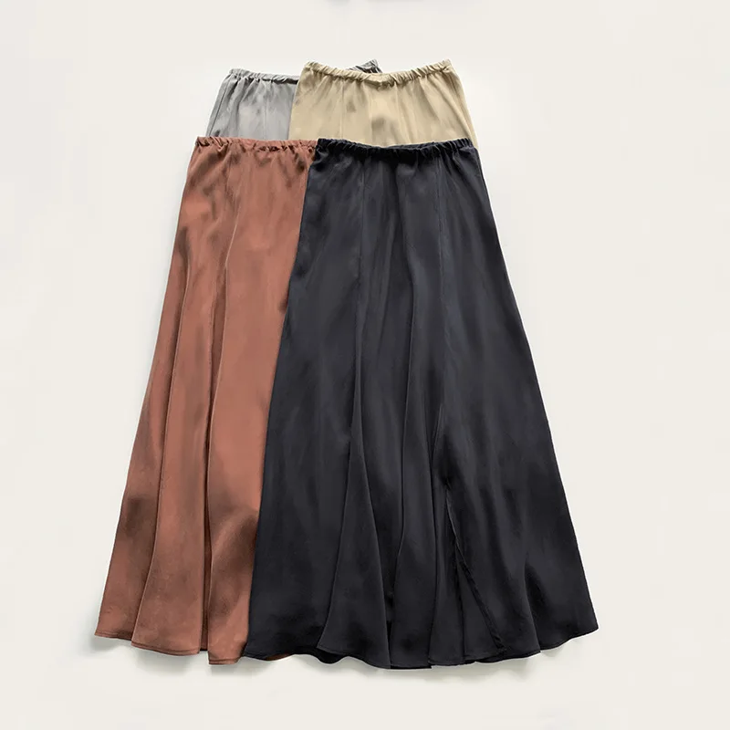 Withered Glossy And Comfortable Large Swing Skirt With Elastic Waist And Drawstring Side Slit Loose Half Skirt Long Skirt