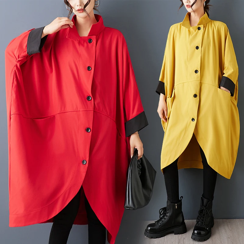 سترة واقية كاجوال كبيرة الحجم بياقة واقفة من Batwing Sve سترة واقية للربيع والخريف ملابس خارجية طويلة غير منتظمة من ألياف البوليستر #2