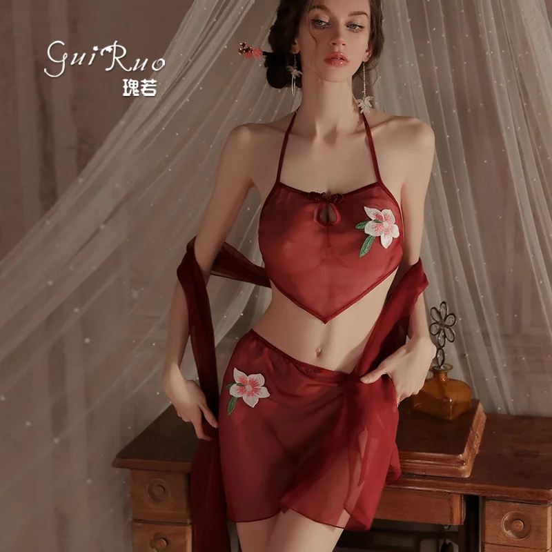 

New DZ Guiruo brand erotic underwear pure desire sexy embroidery deep V neck belly pocket hot dancing girl suit 4370