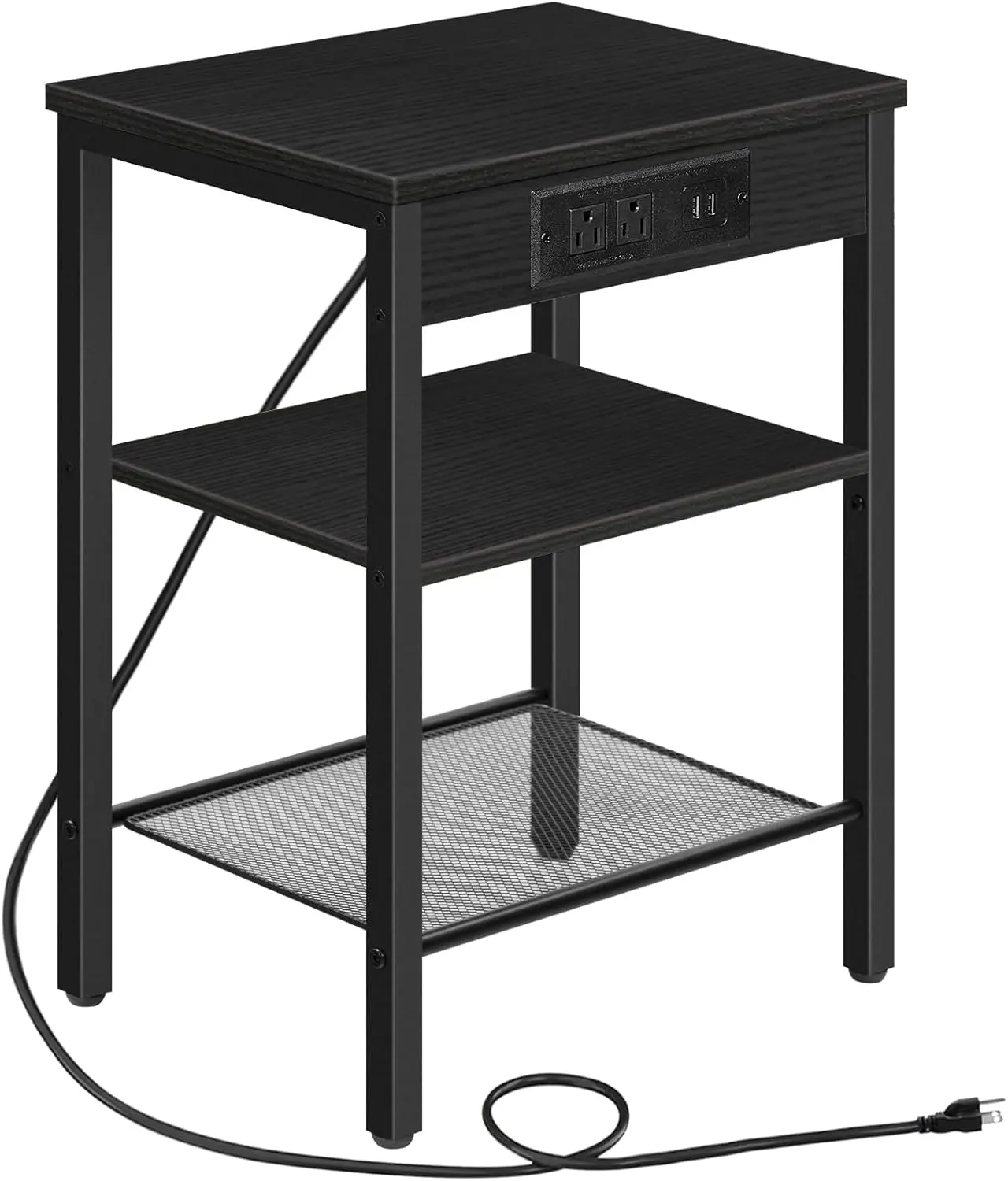 

End Table with Charging Station and USB Ports, 3-Tier Nightstand with Adjustable Shelf, Small Side Table for Small Space