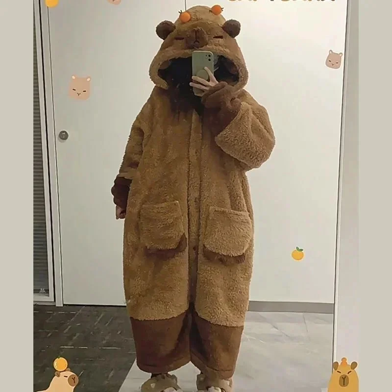 Cute Capibara Pajamas Pants Set Warm Winter Nightgown Coral Fleece Sleepwear Anime Adult Capybara Cosplay Halloween Costumes New