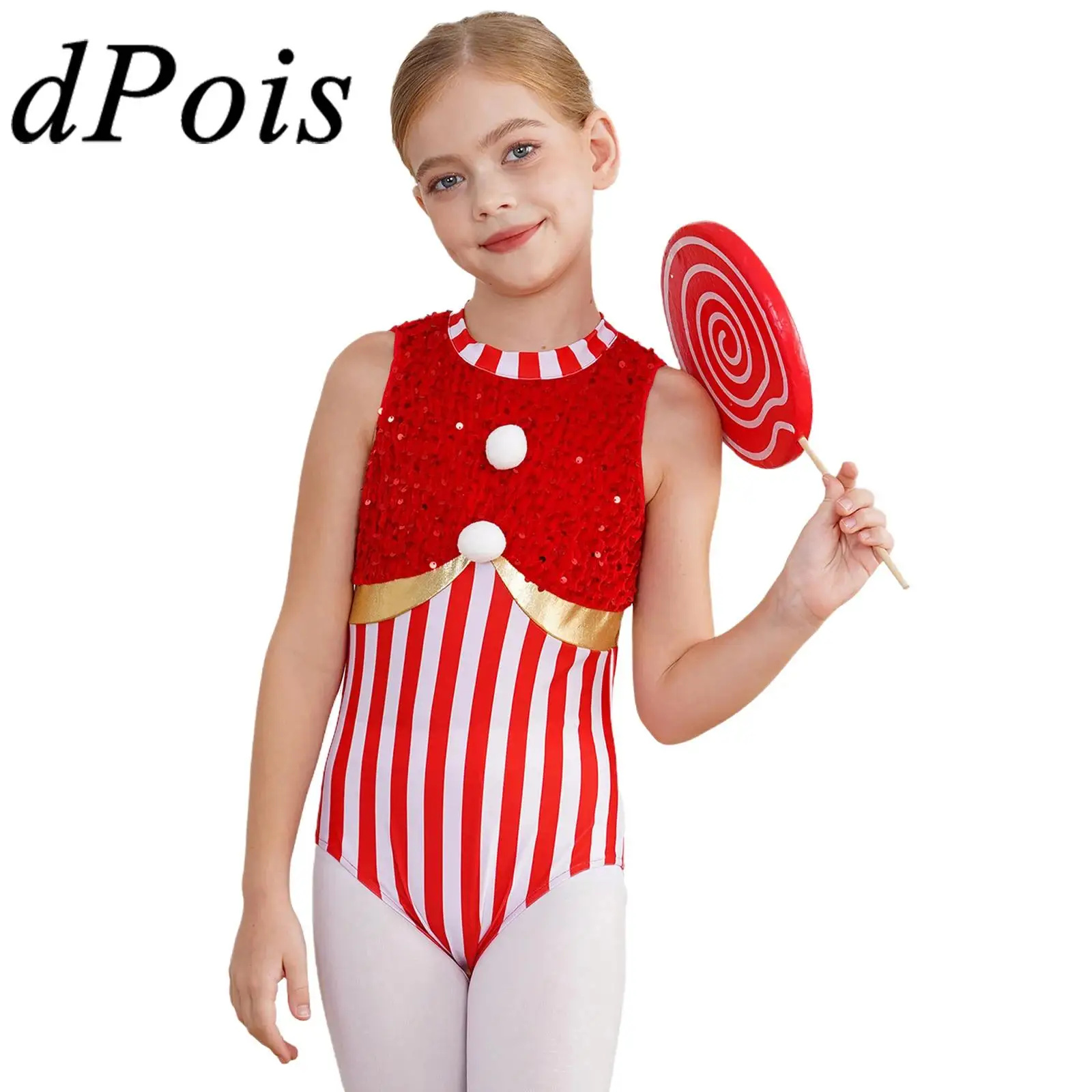 2025 New Year Gift Girl Christmas Costume Sleeveless Stripes Sequins Bodysuit Figure Skating Jumpsuit Party Candy Cane Costume