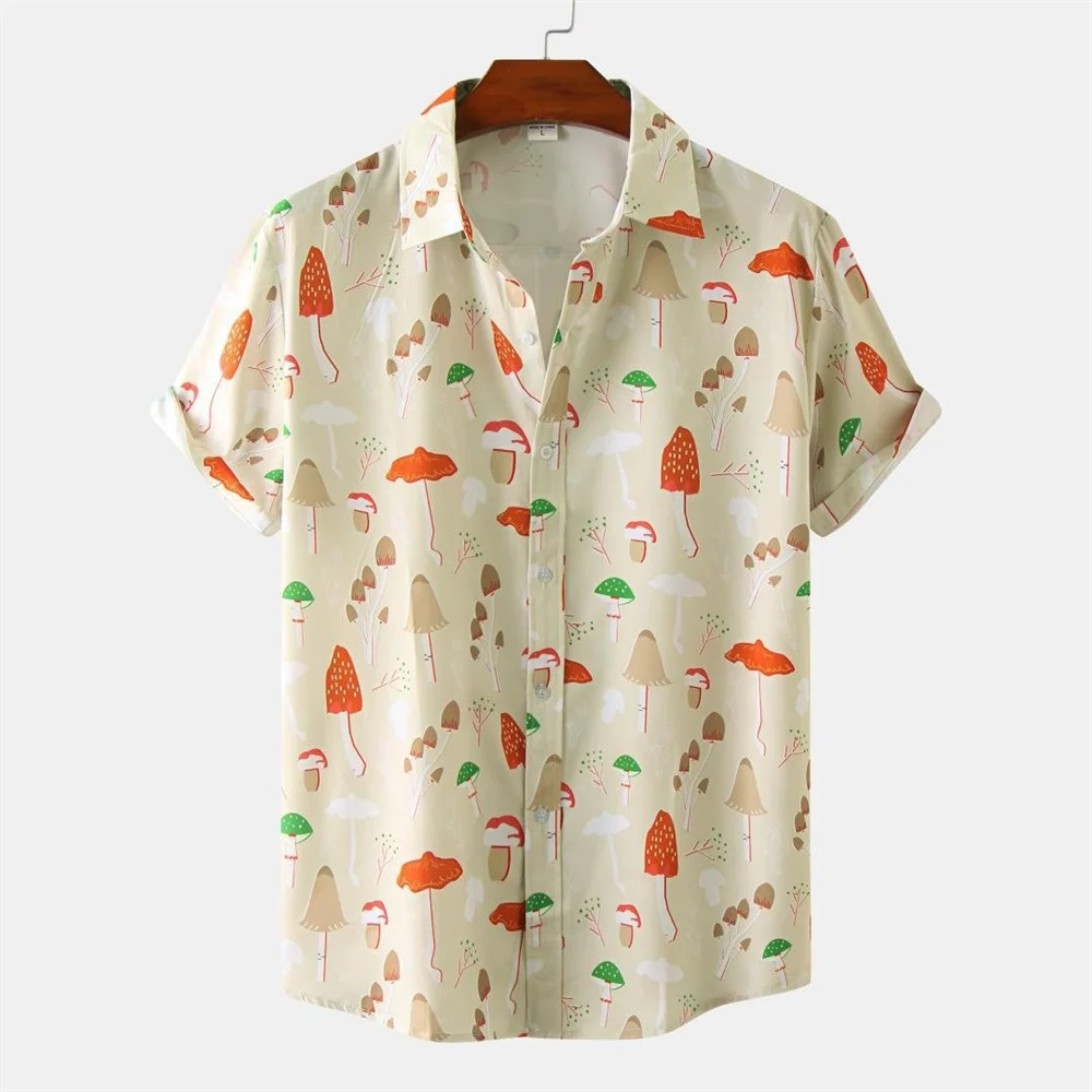 Men's shirt lapel summer short sleeve new style printed mushroom graphic casual breathable shirt men's simple tops