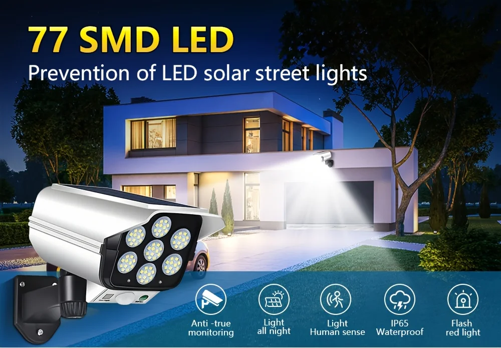 77LED Solarleuchte, Simulierte Sicherheitskamera, Bewegungssensor, Außen-Nachtlicht, IP65 Wasserdichte Lampe, 3 Modi für Haus und Garten – Detail 1