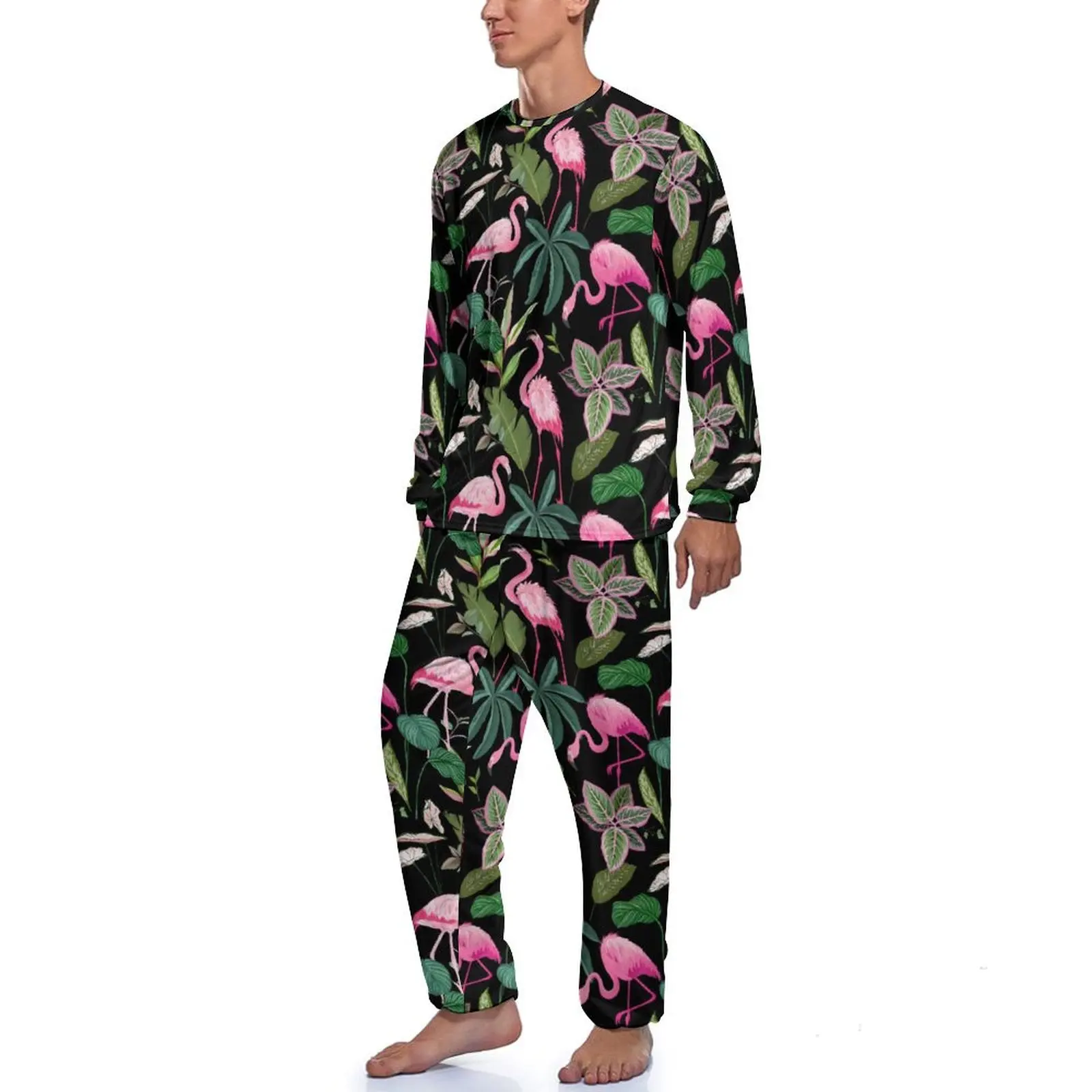 Tropical Birds Pajamas Pink Flamingo Print Mens Long Sleeve Pajamas Set 2 Piece Sleep Winter Pattern Nightwear Birthday Present