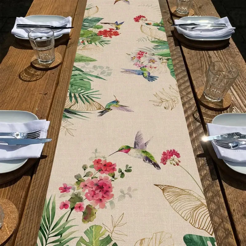 VIKAMA Tropischer Leinen-Tischläufer, Kolibri-Palmblatt-Druck, Boho Farmhouse Esstisch-Dekoration für Hochzeit, Party und Zuhause