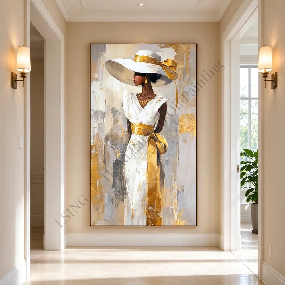 Hand Painted Black Woman Portrait Oil Painting on Canvas Luxury Gold Accented Modern Textured Wall Art for Living Room Decor