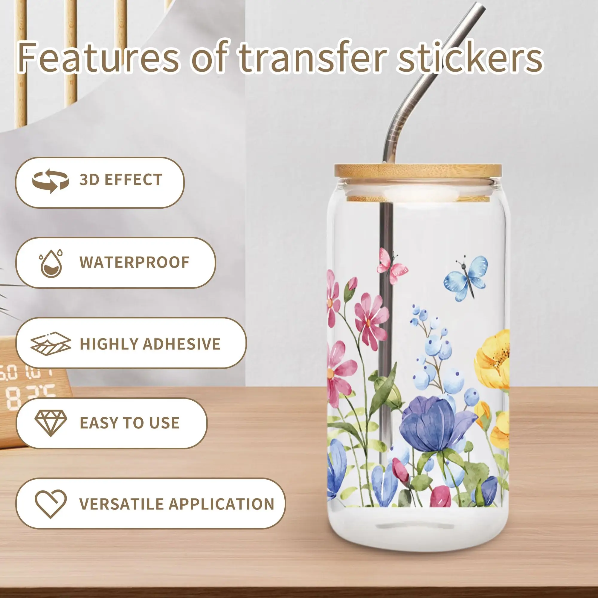 8 Sheet Flower UV DTF Transfer Stickers UVDTF Cup Wraps for 16 oz Floral Waterproof Transfers for Glass