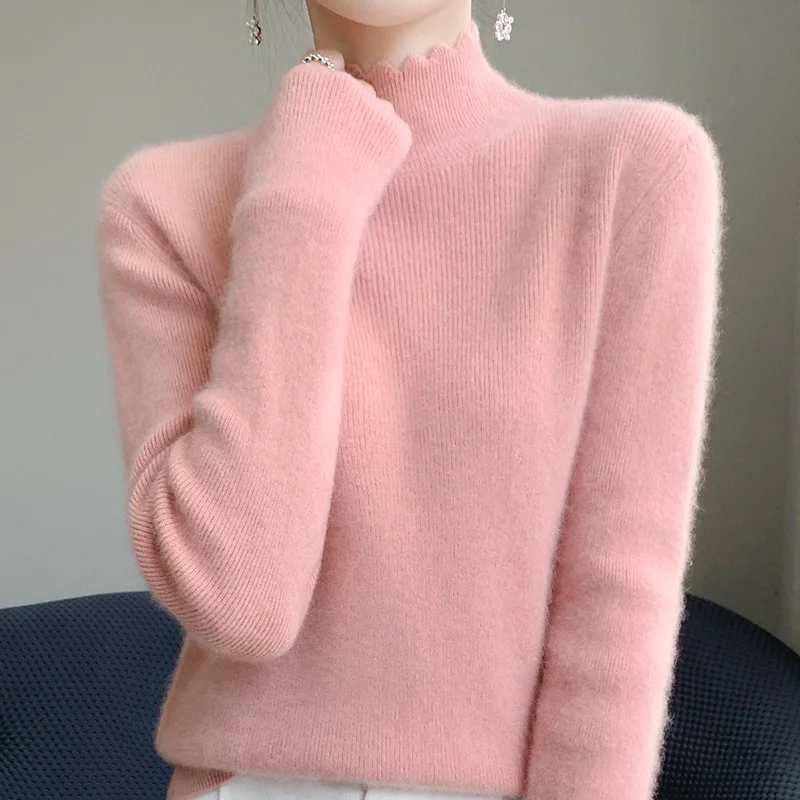 2023 Autumn Winter New Cashmere Sweater Women Mock Neck  Knitted Sweaters Loose  Fashion Cashmere Sweater