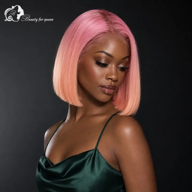 Pink Peach Ombre Straight Lace Front Wig Short For Women Full Fluffy Sleek Glueless Smooth Cosplay Hot Cuticle Everyday Shiny