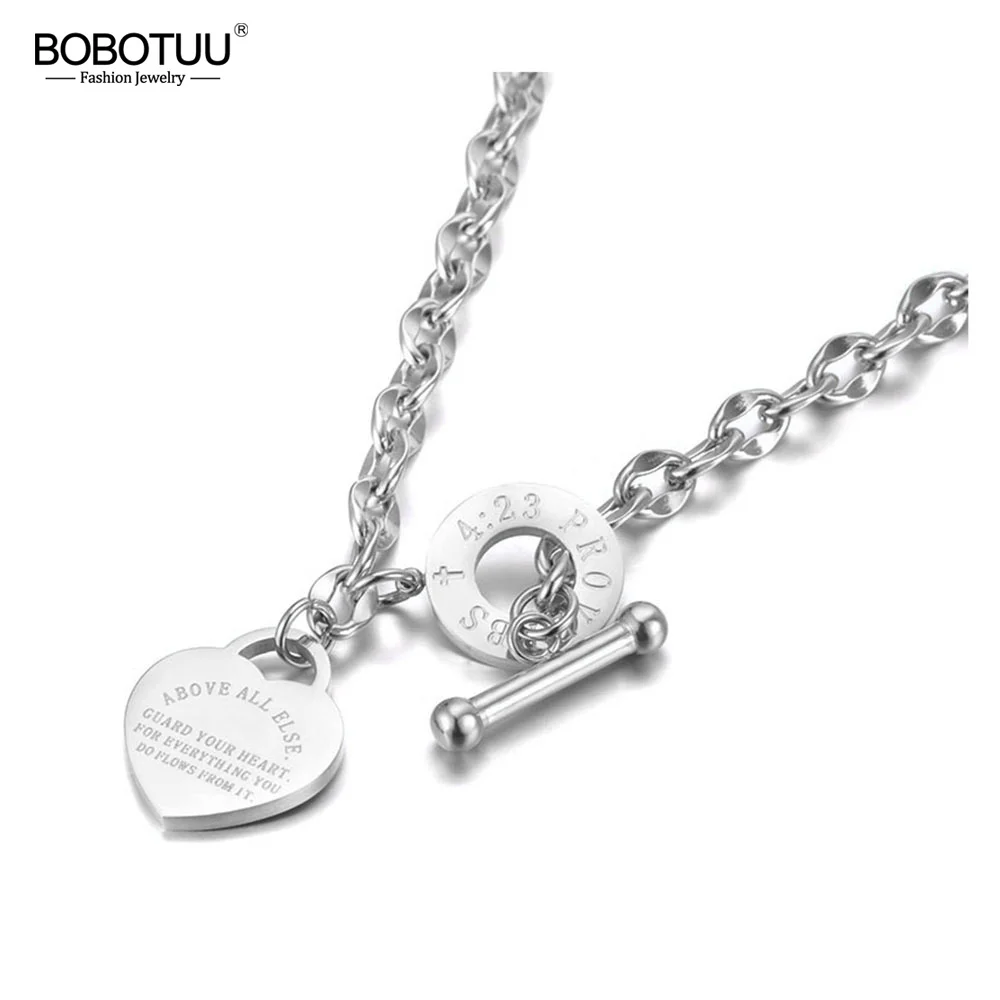 BOBOTUU Neo-Gothic Stainless Steel Love Heart Charm Pendant Necklaces For Women Religious Bible Proverbs Chain Necklace BN19085