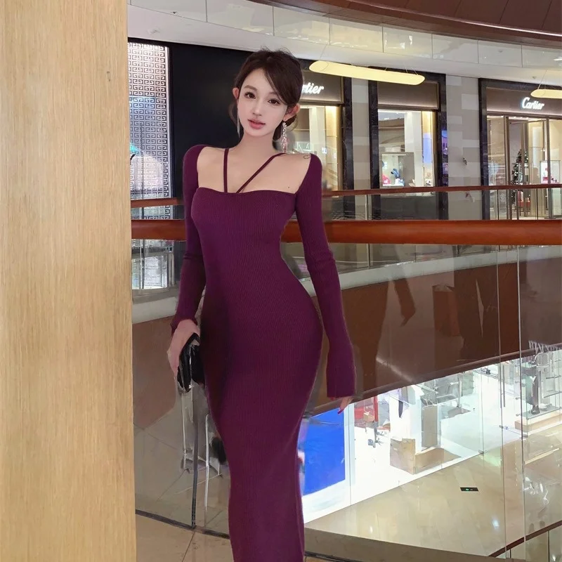 Сексуальное трикотажное платье Long Sve, женское облегающее платье с запахом, длинное платье, осень-зима, новинка, китайская мода для девочек
