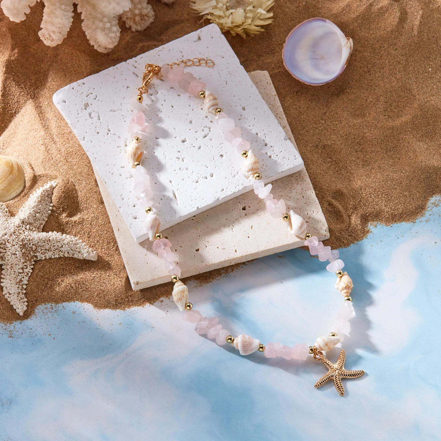 Boho Muschel Rosa Stein Choker Halskette für Frauen Goldfarben Seestern-Anhänger Strand-Schmuck für Sommerurlaub Y2K Ästhetisches Geschenk – Detail 9