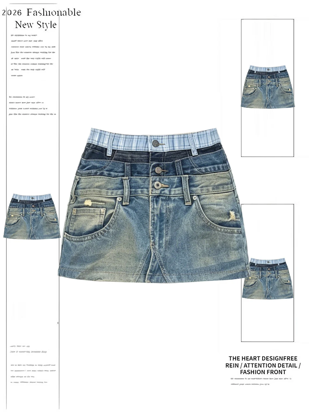 

American Design Multi-Waist Head Denim Print Short Skirt Summer New Style Versatile Low Waist Half Body Skirt Slim A-Line Skirt