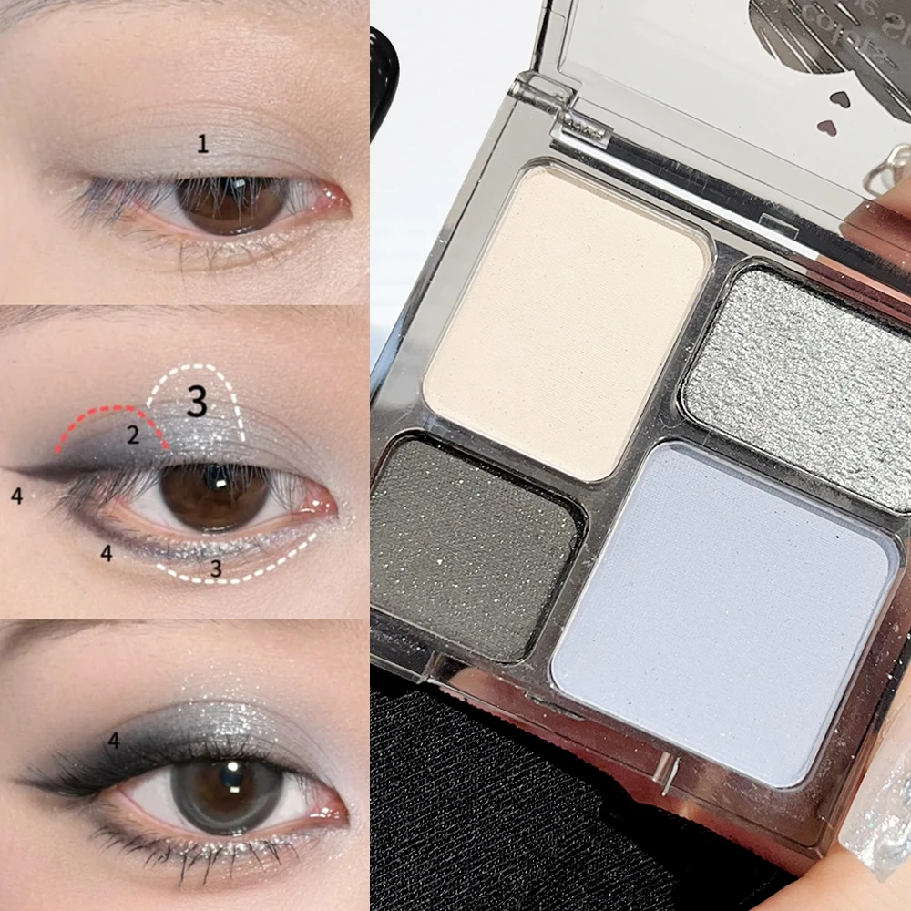 4 Colors Punk Smokey Matte Glitter Eyeshadow Palette Shimmer Eye Shadow Makeup Palette Cool Toned Gray Black Eye Pigment Palett