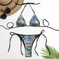 Conjunto de Bikini triangular con cuello Halter brillante para Mujer, traje de baño de escamas de pescado, microtanga, traje de baño