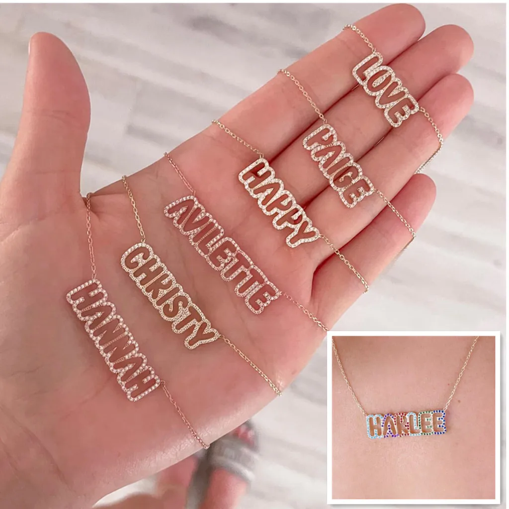 Crystal Custom Name Necklace With 3D Hollow Letter Pendant Zircon Necklace Gold Plated Minimalism Style For Women Jewelry Gift